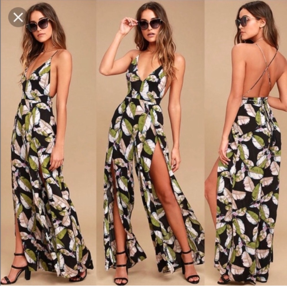 Lulu San Tropez floral jumpsuit wide legs w front slits & open strap back sz XS